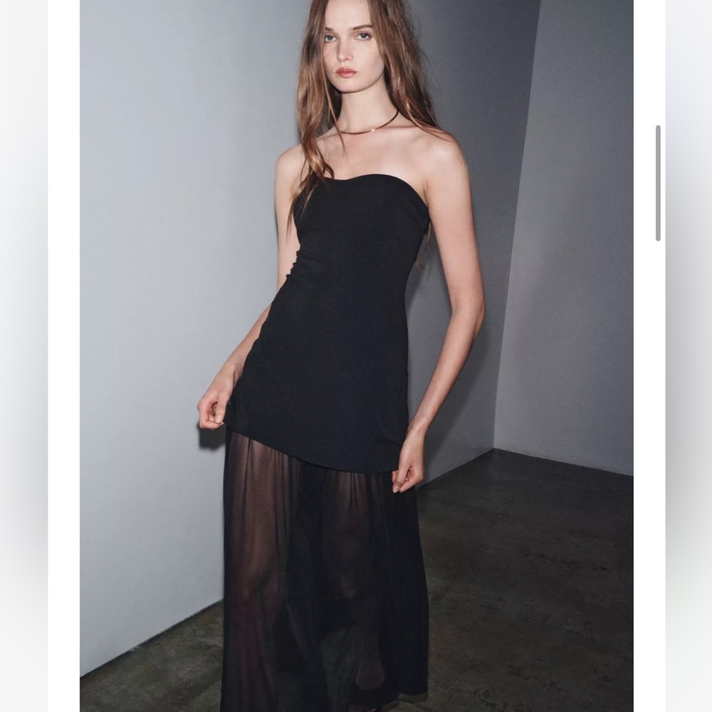Zara Black Strapless Midi Dress with Sheer Skirt